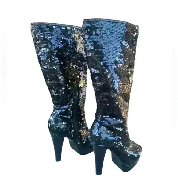 Ten Thirty One sequin black knee-high heels peep toe size 9 - Picture 2 of 5